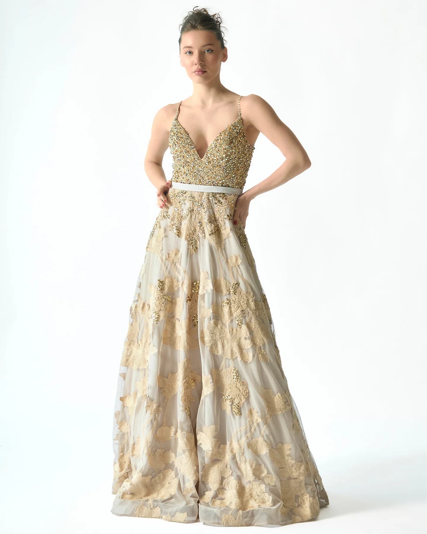 Gold Luxe Gown by Couture by Almas, full-length view
